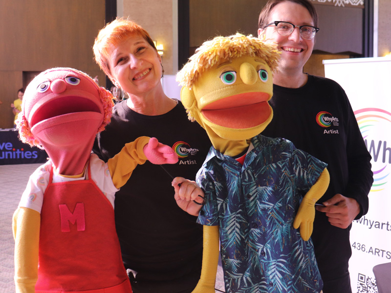 Teachers' Night guests and their puppets.