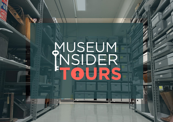 Museum storage aisle with shelving and collection bins, overlaid with the title “Museum Insider Tours”